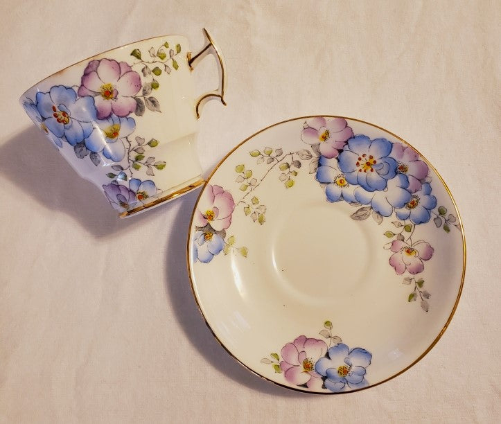 Phoenix Bone China Blue and Purple Tea Cup and Saucer