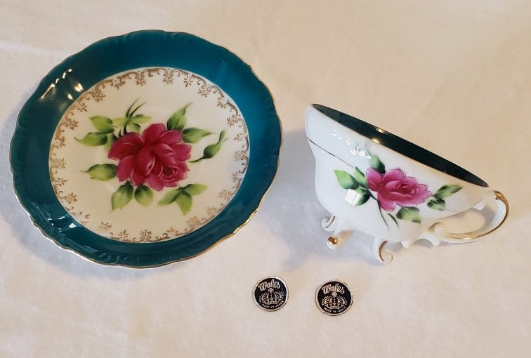 Wales Japan Teal w/Pink flower Tea Cup and Saucer