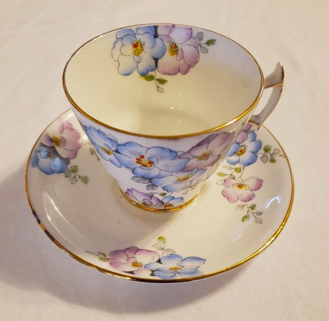 Phoenix Bone China Blue and Purple Tea Cup and Saucer