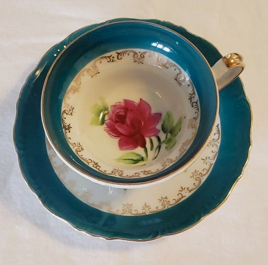 Wales Japan Teal w/Pink flower Tea Cup and Saucer